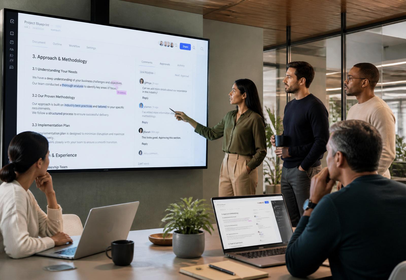 Bid team collaborating on a proposal inside ContractTenders with live comments, approvals and version history