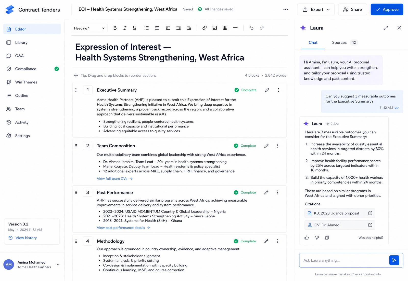 Contract Tenders block-based EOI editor with the Laura AI assistant drafting sections and citing sources